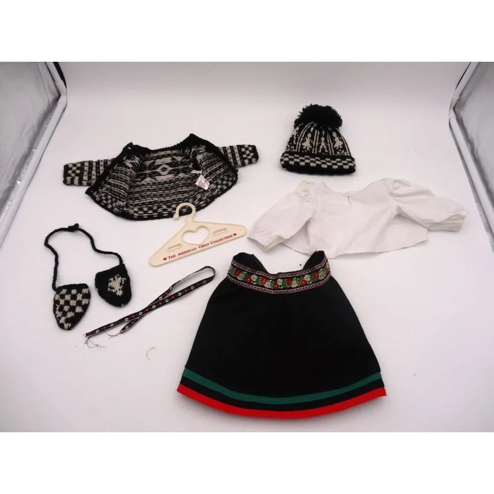 American Girl Kirsten's Winter Woolens Skirt Sweater Hat Mitten Ribbon Hanger To